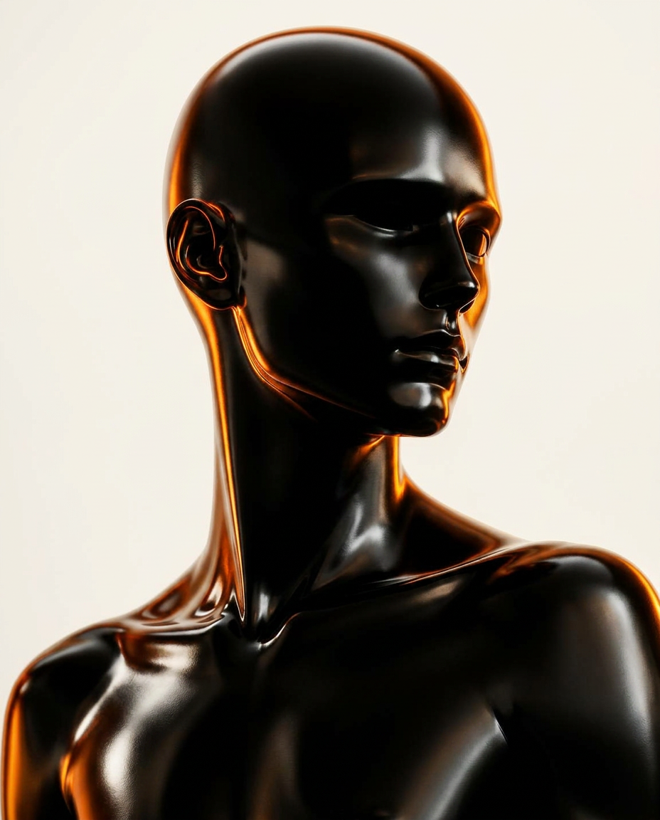 A glossy black humanoid guardian lit with warm orange light